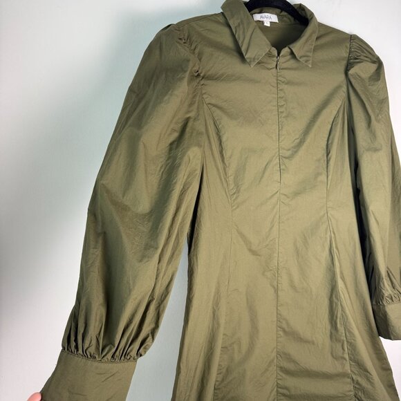 Avara Rhett Dress Mini Zip Up Balloon Sleeve Zip Up Cotton Poplin Olive Green L - Picture 9 of 13